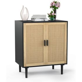 Mid Century Modern Rattan Sideboard Table Buffet Cabinet in Black Wood Finish