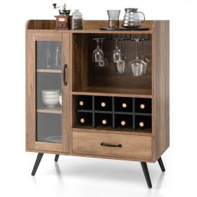 Mid Century Modern Sideboard Wood Buffet Cabinet Wine Rack and Glass Storage