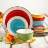 12 Piece Ceramic Dinnerware Set in Blue Red Yellow Green Beige   Service for 4