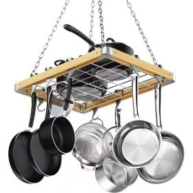 Rectangular 23.5 inch Metal Wood Ceiling Mounted Kitchen Pot Rack