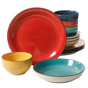 12 Piece Stoneware Dinnerware Set in Red Blue Green Yellow   Service for 4