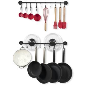 Set of 2   Black Metal Wall Mounted Pot Rack with 20 Hanging Hooks