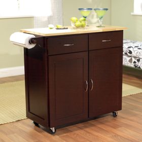 43 inch W Portable Kitchen Island Cart with Natural Wood Top in Espresso