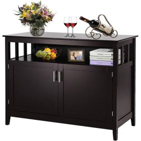 Dark Brown Wood 2 Door Dining Buffet Sideboard Cabinet with Open Storage Shelf