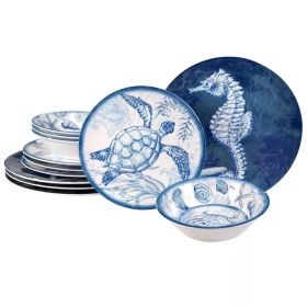 12 Piece Sea Shells Ocean Theme Dinnerware Set in Blue and White   Service for 4