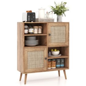 Mid Century Modern Wood Sideboard Dining Buffet Storage Cabinet w/ Rattan Doors