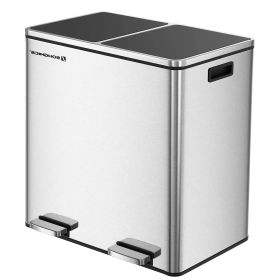 Dual Stainless Steel 16 Gallon Trash Can Recycle Bin with 2 Step on Pedal Lids