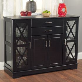 Black Wood Buffet Dining room Sideboard with Glass Doors