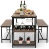 Modern Industrial 3 Piece Metal Wood Dining Set with 2 Benches and Wine Rack