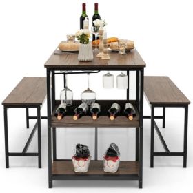 Modern Industrial 3 Piece Metal Wood Dining Set with 2 Benches and Wine Rack