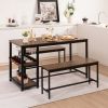 Modern Industrial 3 Piece Metal Wood Dining Set with 2 Benches and Wine Rack