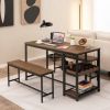 Modern Industrial 3 Piece Metal Wood Dining Set with 2 Benches and Wine Rack