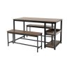 Modern Industrial 3 Piece Metal Wood Dining Set with 2 Benches and Wine Rack