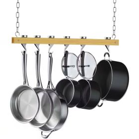 Ceiling Mounted 36 inch Wooden Pot Rack with 4 Pan Hanging Hooks and 2 Swivel Hooks