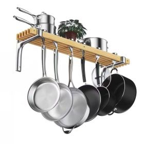36 inch x 8 inch Wall Mounted Metal Wood Pot Rack with 6 Swivel Hooks
