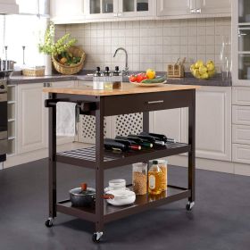 Dark Brown Kitchen Island Cart w/ Wood Top 2 Shelves Drawer and Locking Wheels