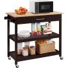 Dark Brown Kitchen Island Cart w/ Wood Top 2 Shelves Drawer and Locking Wheels