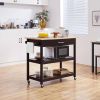 Dark Brown Kitchen Island Cart w/ Wood Top 2 Shelves Drawer and Locking Wheels