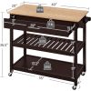 Dark Brown Kitchen Island Cart w/ Wood Top 2 Shelves Drawer and Locking Wheels
